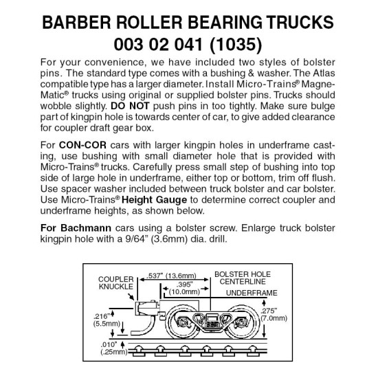 Barber Roller Bearing Trucks w/ short ext. couplers 1 pr. (1035)