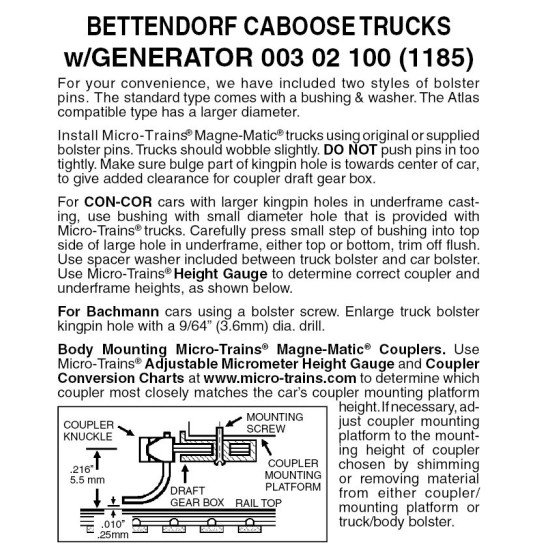 Swing Motion Caboose Truck w/ Generator, no coupler 1 pr (1185)