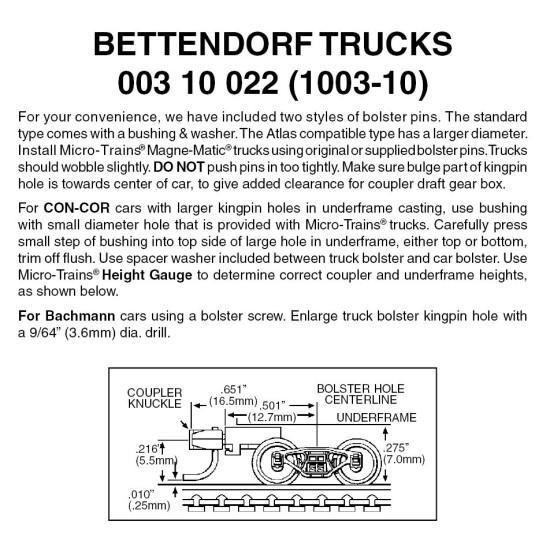 Bettendorf trucks with medium ext couplers 10 pr  (1003-10)
