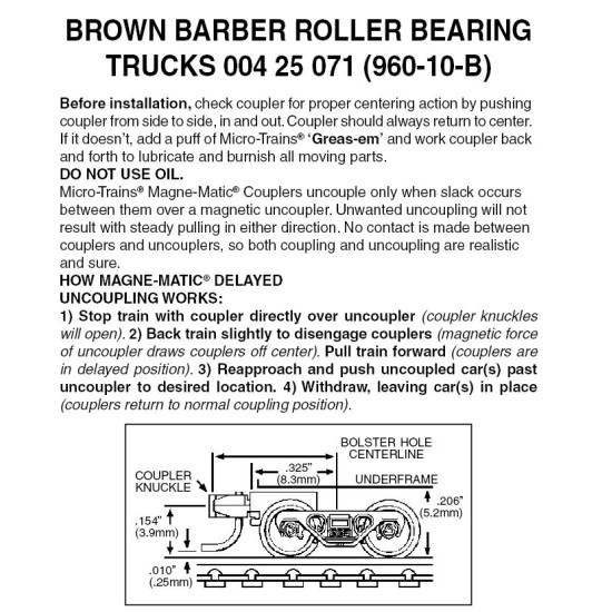 BROWN Barber Roller Bearing w/ short ext couplers 10 pr Z Scale (960-10B)