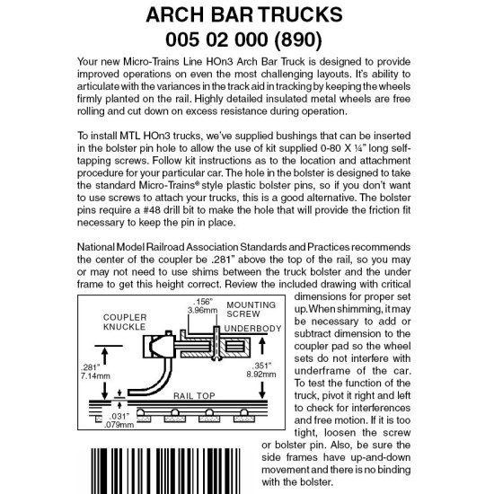 Arch Bar Trucks  no coupler 10 pr HON3  (890-10)