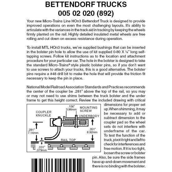 Bettendorf Trucks  no coupler 10 pr (892-10)